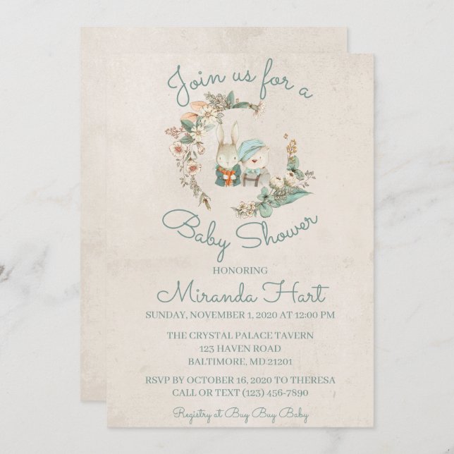 Invitation Aquarelle douce Baby shower d'animaux rustiques (Devant / Derrière)