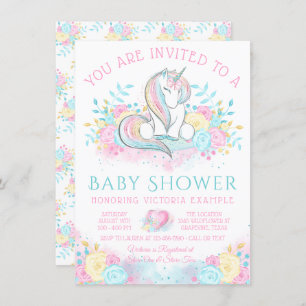 Invitation Aquarelle douce Baby shower Unicorn