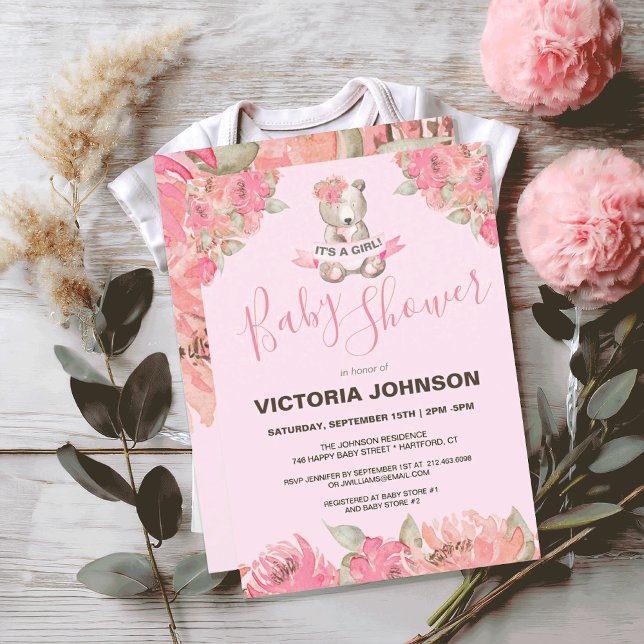 Invitation Aquarelle douce Boho Ours floral Bois Bébé (SWEET PINK FLORAL TEDDY BEAR GIRL BABY SHOWER INVITATION
)