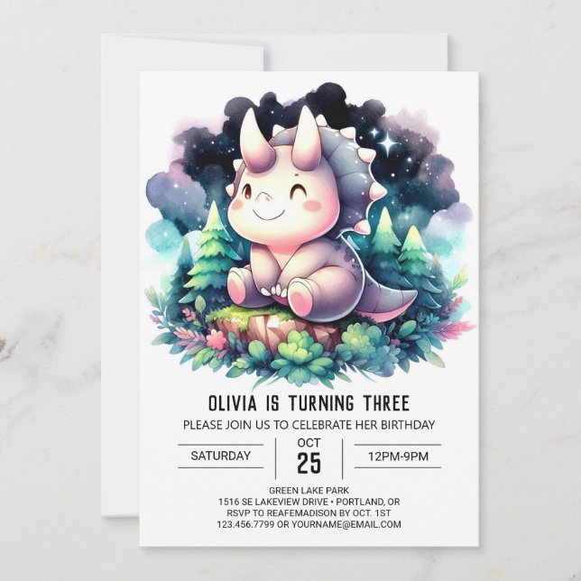 Invitation Aquarelle douce Dino fête d'anniversaire (Devant)