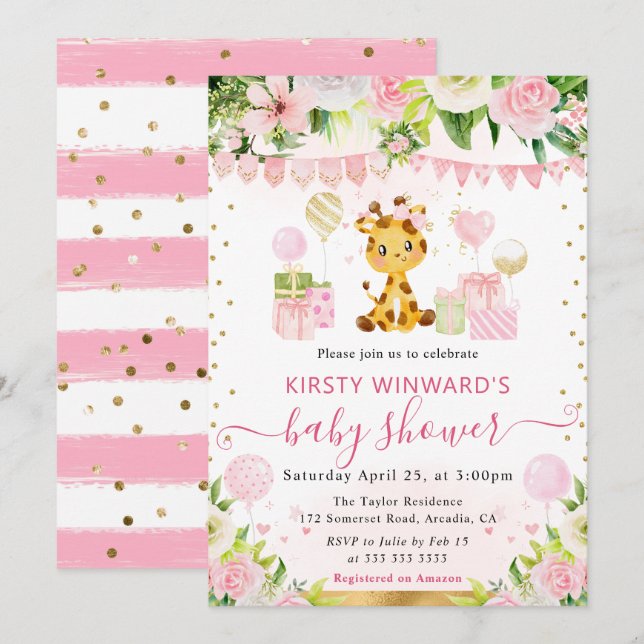 Invitation Aquarelle Douce Fête de Naissance Girafe Rose Jung (Devant / Derrière)