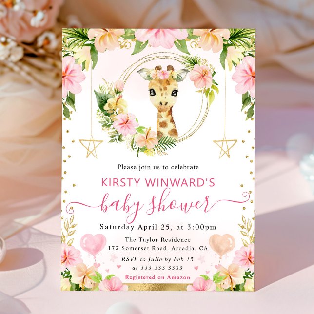 Invitation Aquarelle Douce Fête de Naissance Girafe Rose Jung (Créateur téléchargé)