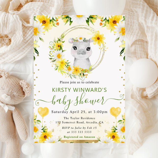 Invitation Aquarelle Douce Fête de Naissance Hippopotame Jung (Créateur téléchargé)