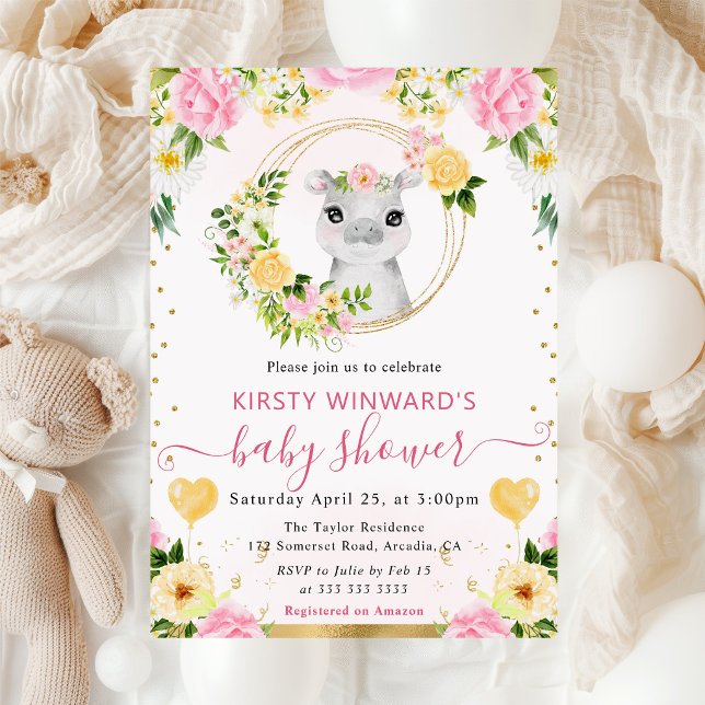 Invitation Aquarelle Douce Fête de Naissance Hippopotame Jung (Créateur téléchargé)