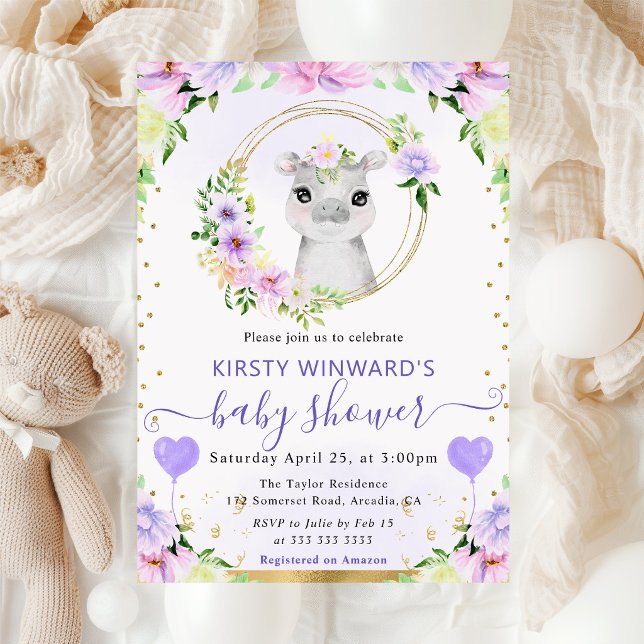 Invitation Aquarelle Douce Fête de Naissance Hippopotame Jung (Créateur téléchargé)