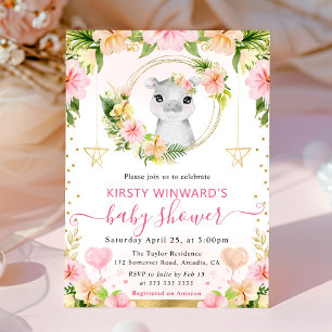 Invitation Aquarelle Douce Fête de Naissance Rose Hippopotame