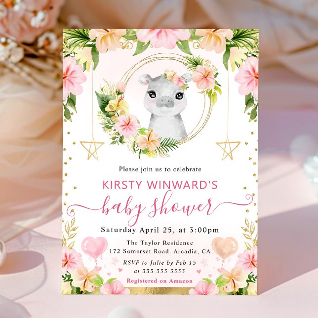 Invitation Aquarelle Douce Fête de Naissance Rose Hippopotame (Créateur téléchargé)