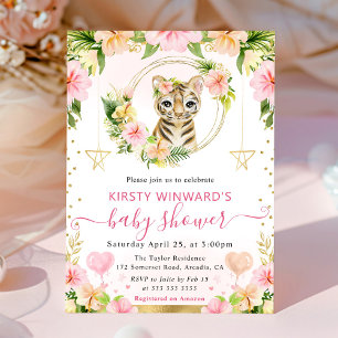 Invitation Aquarelle Douce Fête de Naissance Tigre Rose Jungl