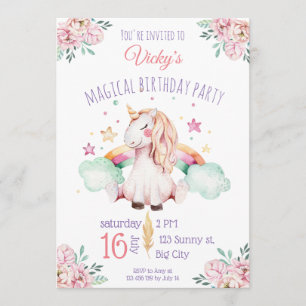 Invitation Aquarelle douce Fleurs arc-en-ciel Unicorn Anniver