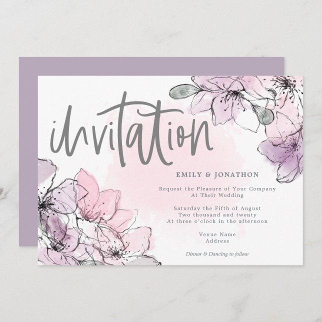 Invitation Aquarelle douce Flores Lilac Pink Script Mariage (Devant / Derrière)