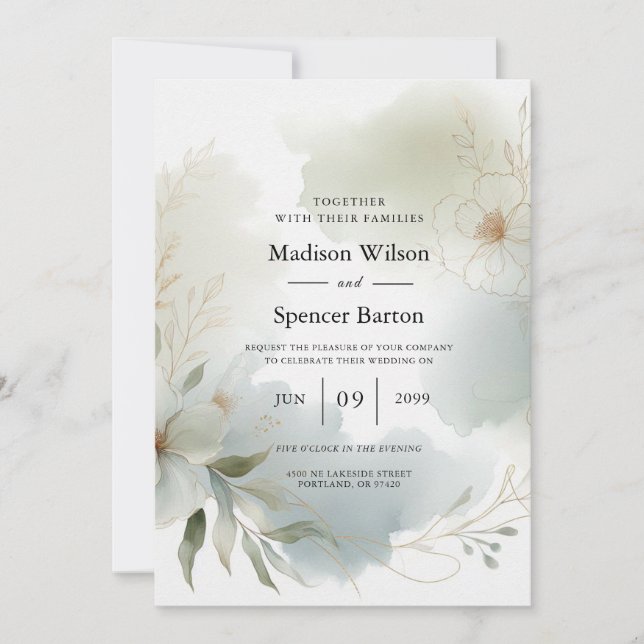 Invitation Aquarelle douce Mariage vert Sage (Devant)