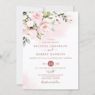Invitation Aquarelle douce rose pâle Fleurs Mariage
