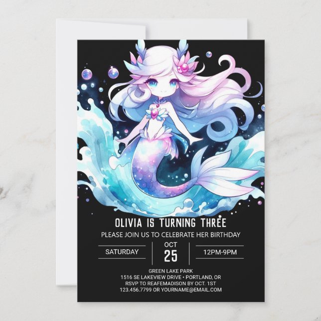 Invitation Aquarelle douce Sirène Anniversaire (Devant)