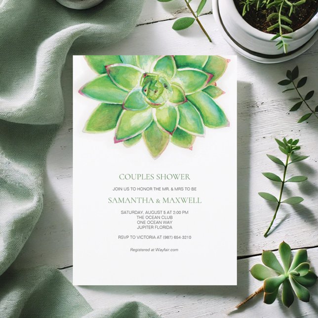 Invitation Aquarelle Douche Couples Succulents (Bridal shower invitations simple watercolor succulent by Victoria Grigaliunas Do Tell A Belle)