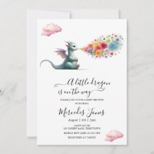 Invitation Aquarelle Dragon Bébé Avec Arc En Ciel Fleurs Art