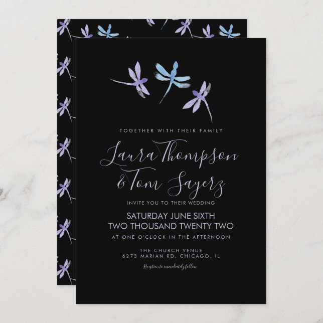 Invitation Aquarelle Dragonfly Elegant Script Mariage Noir (Devant / Derrière)