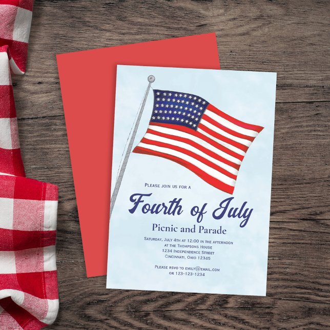 Invitation Aquarelle drapeau américain 4 juillet (Retro Classic Fourth of July Custom Invitations. With watercolor American Flag)