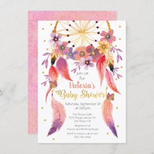 Invitation Aquarelle Dreamcatcher Baby shower en feuille d'or