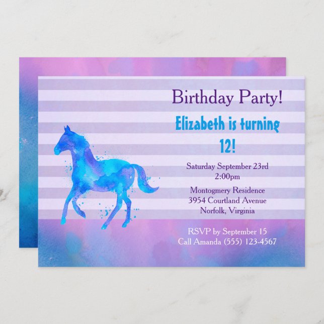 Invitation Aquarelle du Cheval Sauvage Rayures horizontales A (Devant / Derrière)