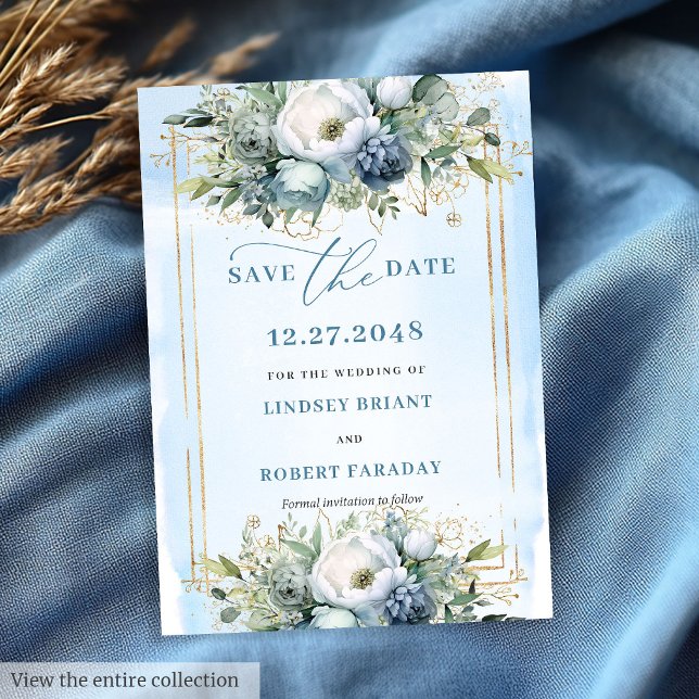 Invitation Aquarelle Dusty Bleu Blanc Or Floral Date d'enregi (Watercolor Dusty Blue White Gold Floral Save The Date)