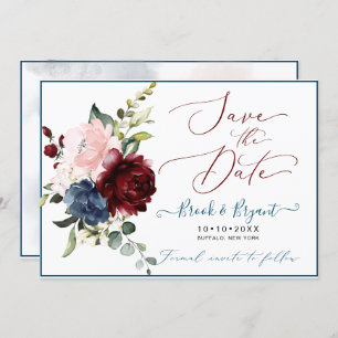 Invitation Aquarelle Dusty Bleu Bourgogne Blush Roses