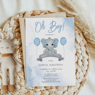 Invitation Aquarelle Dusty Bleu mignon Baby shower éléphant