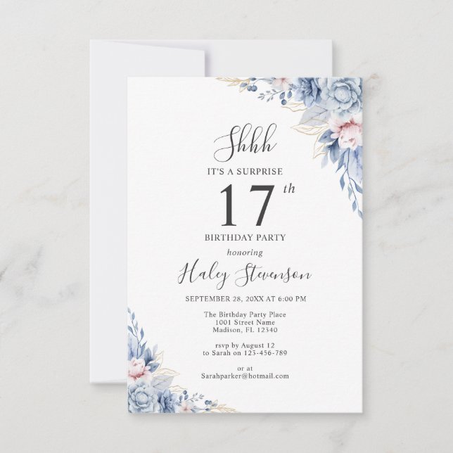 Invitation Aquarelle Dusty Blue Boho Budget 17e anniversaire (Devant)