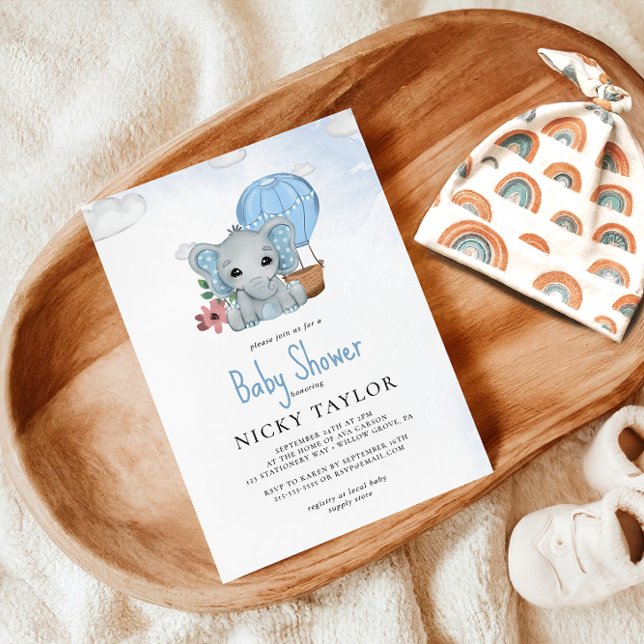 Invitation Aquarelle Dusty Blue Elephant Baby shower (Créateur téléchargé)