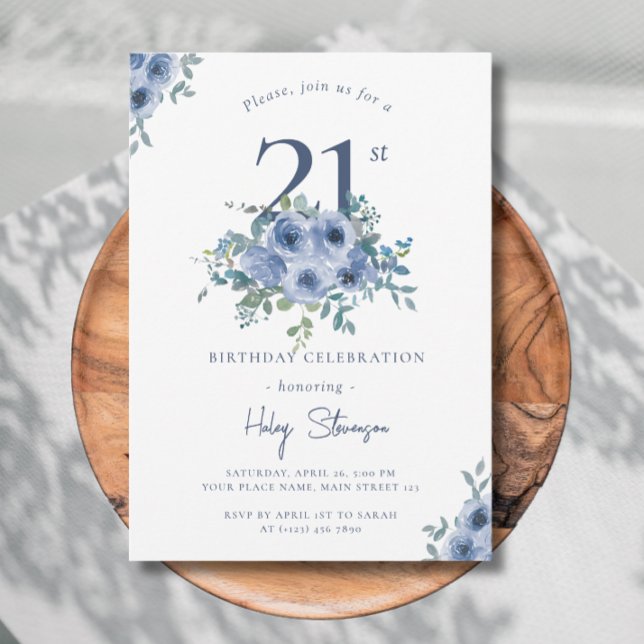 Invitation Aquarelle Dusty Blue Floral 21e Anniversaire Chic  (Créateur téléchargé)