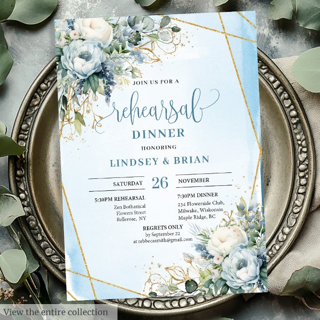Invitation Aquarelle Dusty Blue Floral Gold Frame Diner (Watercolor Dusty Blue Floral Gold Frame Dinner Card)