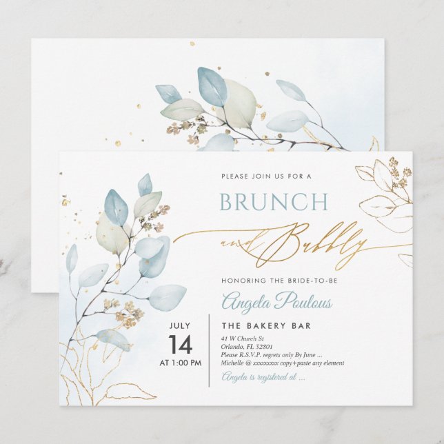 Invitation Aquarelle Dusty Blue Gum Eucalyptus Brunch Bubbly (Devant / Derrière)