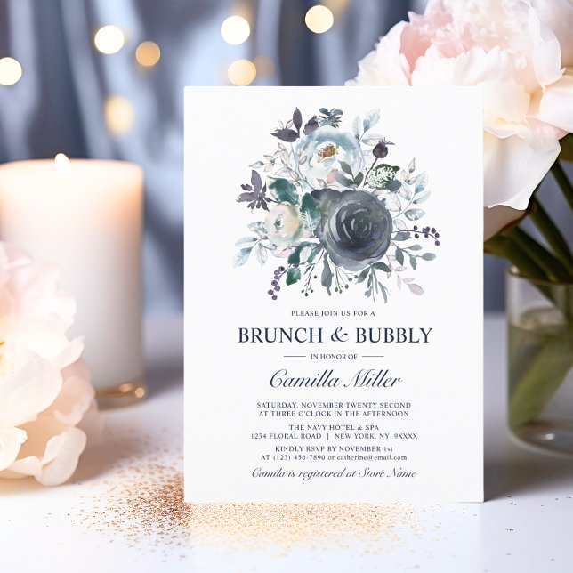 Invitation Aquarelle Dusty Blue Navy Floral Bridal Brunch (Watercolor Dusty Blue Navy Floral Bridal Brunch Invitation)