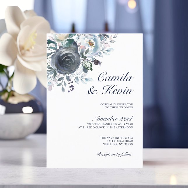 Invitation Aquarelle Dusty Blue Navy Floral Mariage (Watercolor Dusty Blue Navy Floral Wedding Invitation)