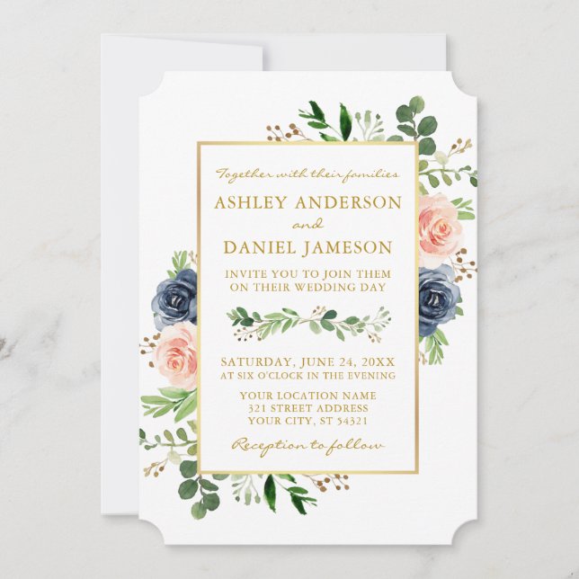 Invitation Aquarelle Dusty Blue Rose Roses Mariage or (Devant)