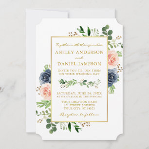 Invitation Aquarelle Dusty Blue Rose Roses Mariage or