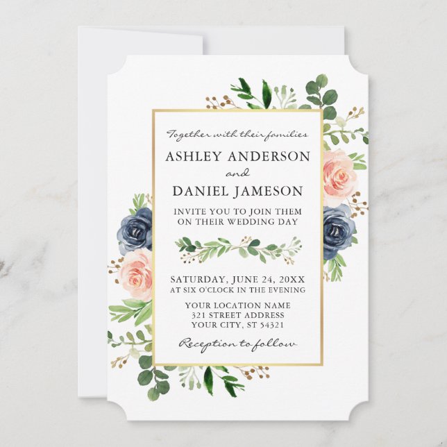 Invitation Aquarelle Dusty Blue Rose Roses Mariage vert (Devant)