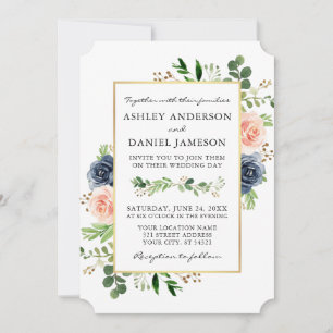 Invitation Aquarelle Dusty Blue Rose Roses Mariage vert