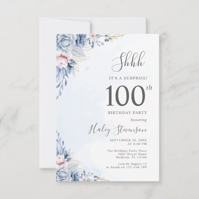Invitation Aquarelle Dusty Blue Surprise 100e anniversaire (Devant)