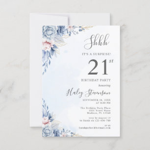 Invitation Aquarelle Dusty Blue Surprise 21ème anniversaire