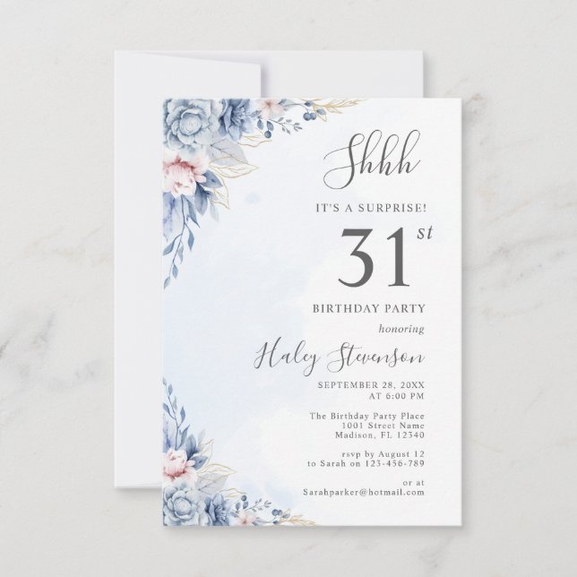 Invitation Aquarelle Dusty Blue Surprise 31ème anniversaire (Devant)