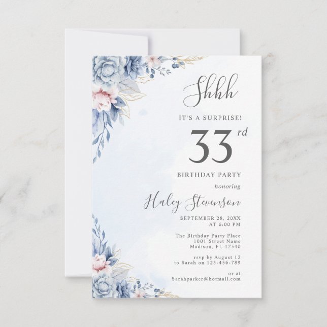 Invitation Aquarelle Dusty Blue Surprise 33ème anniversaire (Devant)