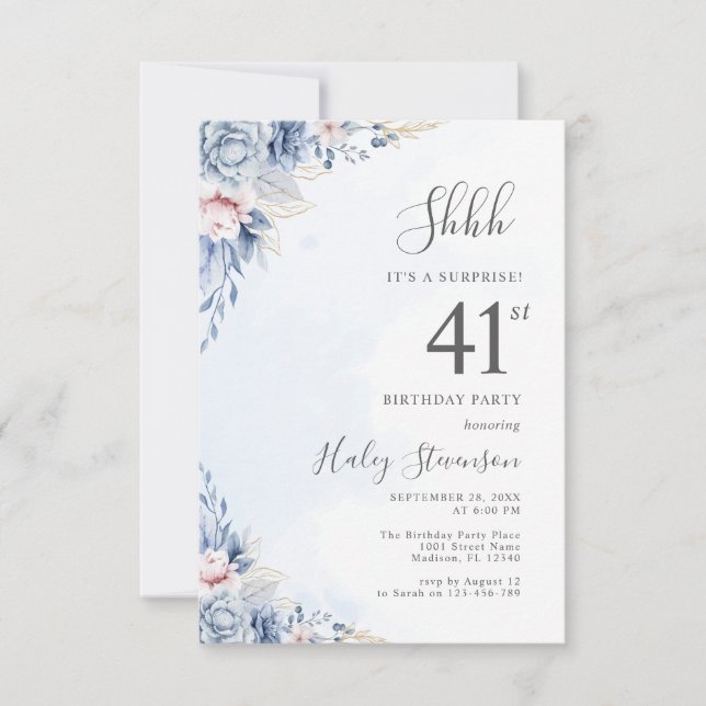 Invitation Aquarelle Dusty Blue Surprise 41ème anniversaire (Devant)
