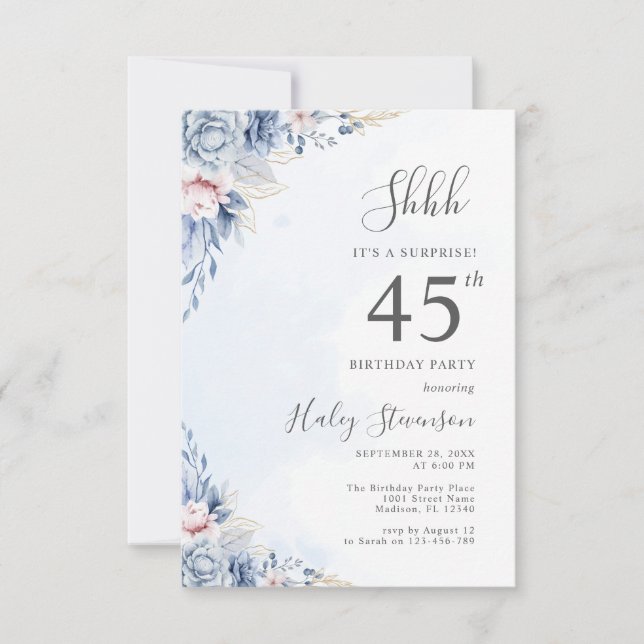 Invitation Aquarelle Dusty Blue Surprise 45e anniversaire (Devant)