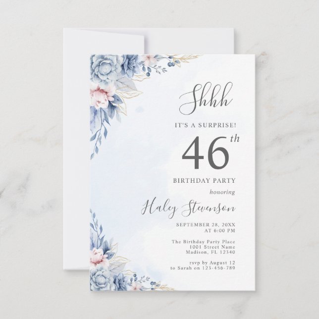 Invitation Aquarelle Dusty Blue Surprise 46e fête anniversair (Devant)