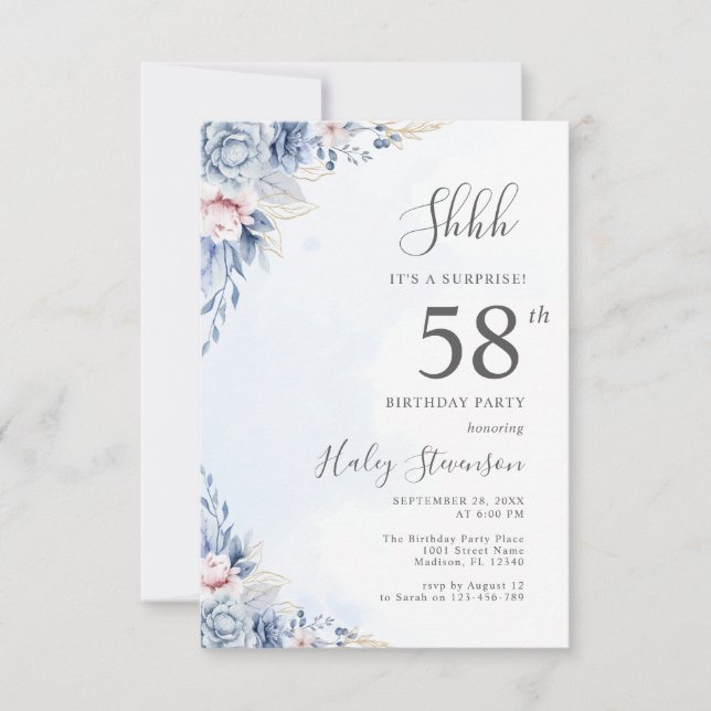 Invitation Aquarelle Dusty Blue Surprise 58ème anniversaire (Devant)