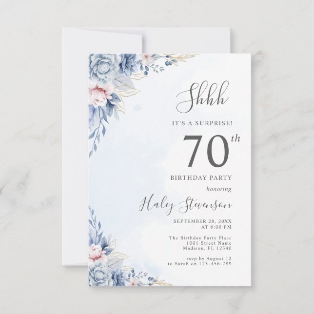 Invitation Aquarelle Dusty Blue Surprise 70e anniversaire (Devant)