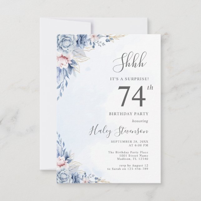 Invitation Aquarelle Dusty Blue Surprise 74e anniversaire (Devant)