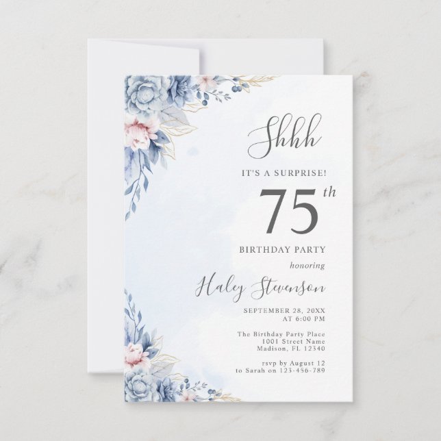 Invitation Aquarelle Dusty Blue Surprise 75e anniversaire (Devant)