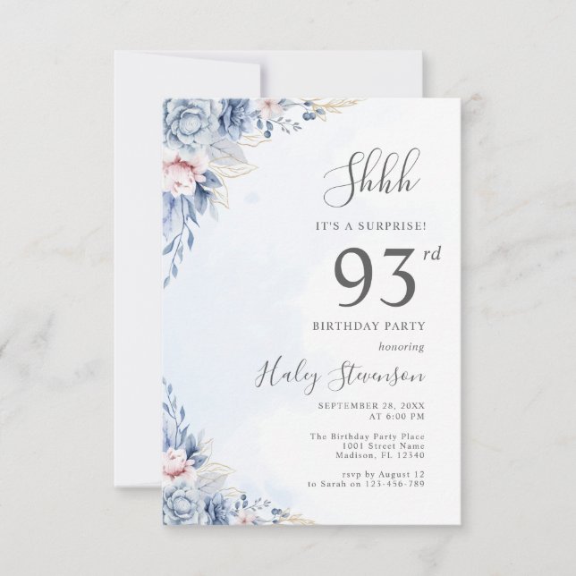 Invitation Aquarelle Dusty Blue Surprise 93ème anniversaire (Devant)