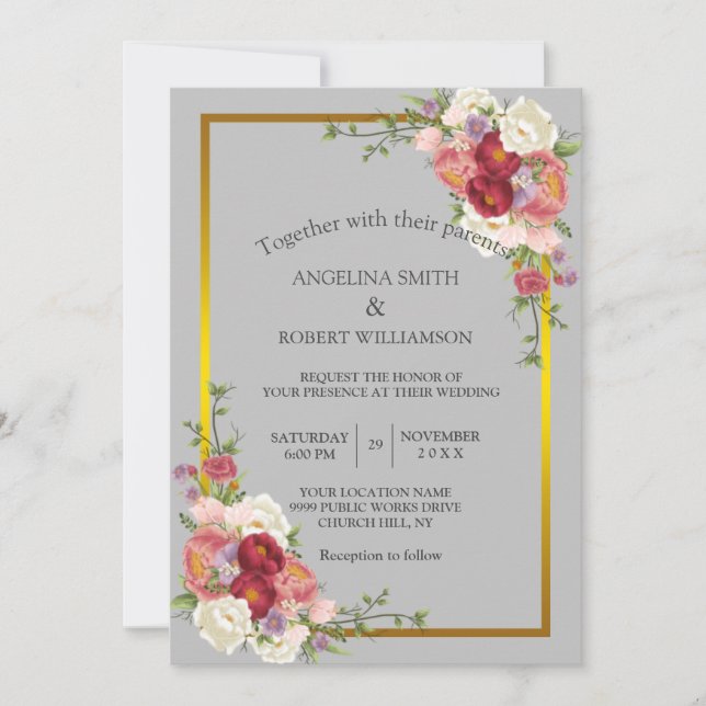 Invitation Aquarelle Dusty Gris Or Blush Rose Peach Floral (Devant)